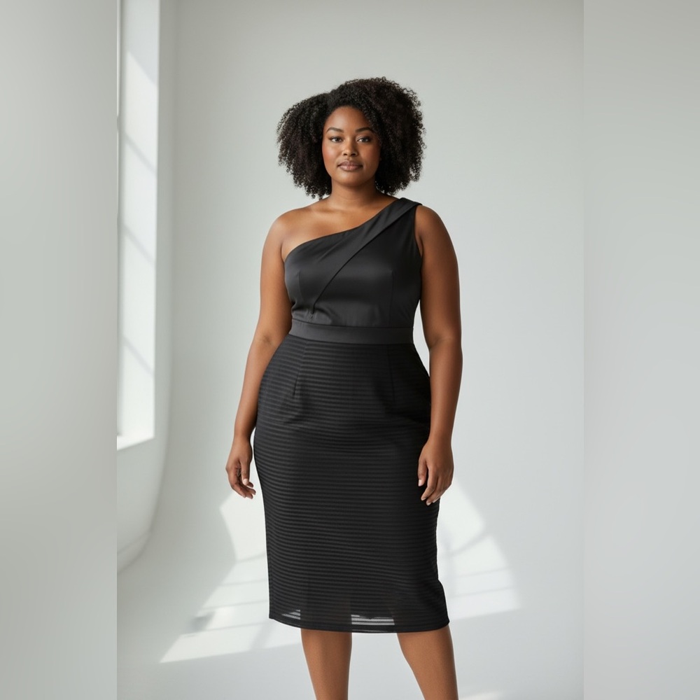 Black One‑Shoulder Textured Midi Dress – Fitted – Size (check tag) $20